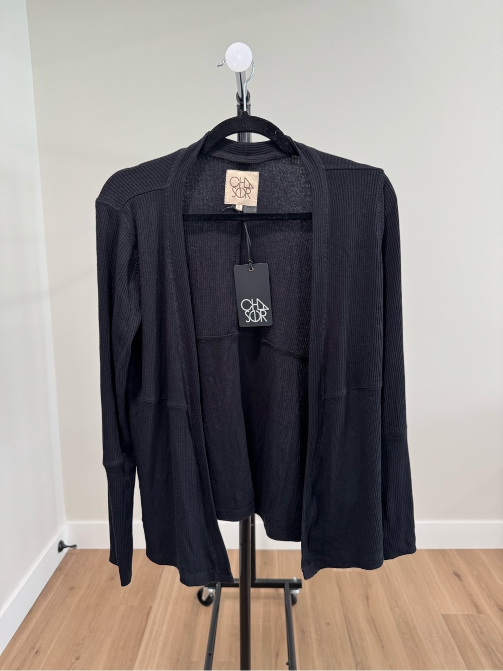 NWT Chaser Ribbed Drape Open Front Cardigan Sweater, Black